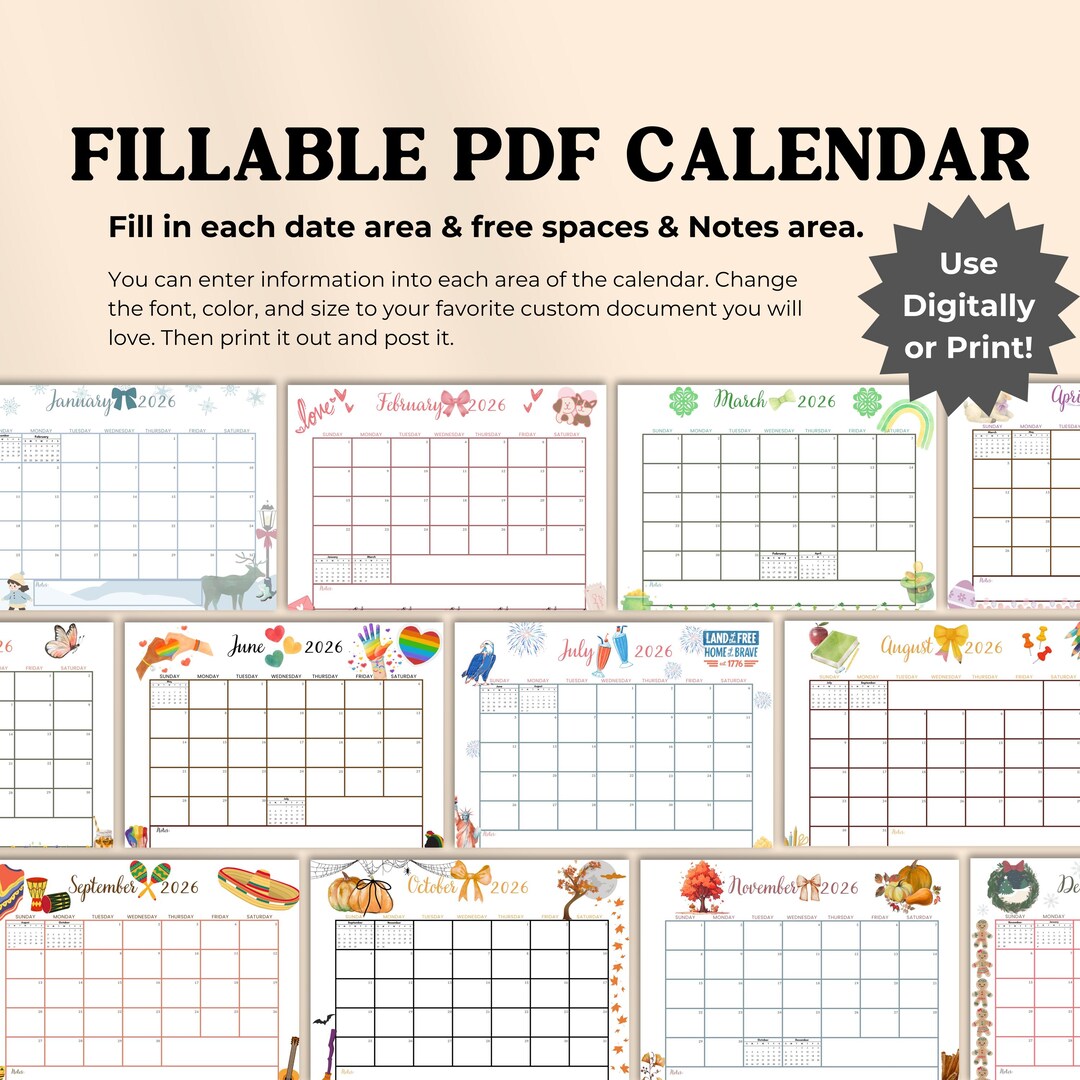 Fillable 2026 Monthly Calendar, Colorful Printable 2026 Planner for ...