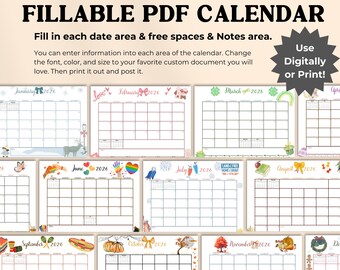 Fillable 2026 Monthly Calendar, Colorful Printable 2026 Planner for Kids, Home School Work Office Organizer, Editable PDF, Instant Download