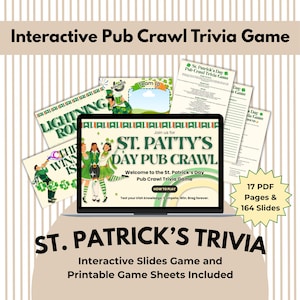May include: A digital St. Patrick's Day pub crawl trivia game. The image shows a laptop displaying the game's title and graphics, surrounded by printable game sheets. Text includes "Interactive Pub Crawl Trivia Game" and "St. Patty's Day Pub Crawl".