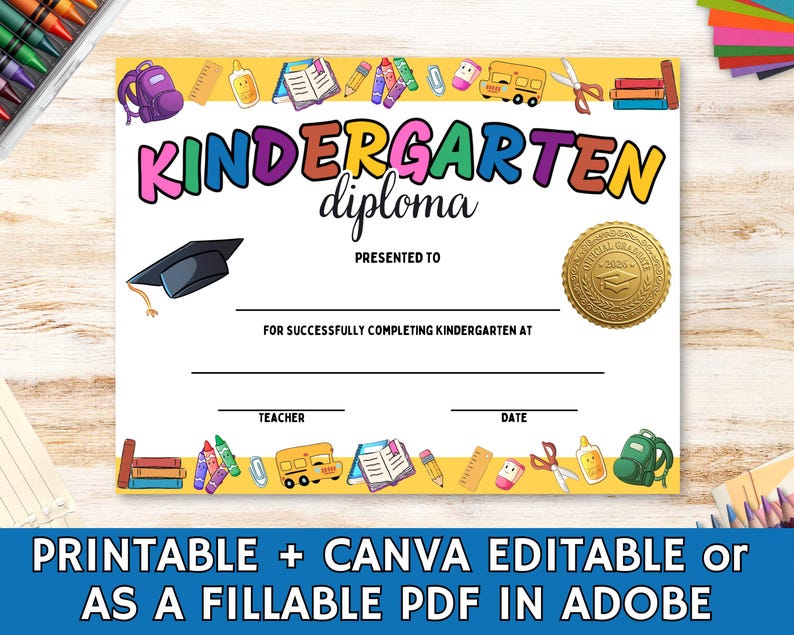 Editable Kindergarten Graduation Diploma Template, Canva Certificate ...