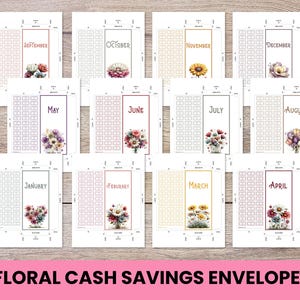 Puede incluir: Un conjunto de sobres florales para ahorrar dinero, cada uno etiquetado con un mes de enero a diciembre. Cada sobre presenta una ilustración floral y una cuadrícula para el seguimiento del ahorro. El texto "FLORAL CASH SAVINGS ENVELOPES" está en la parte inferior.