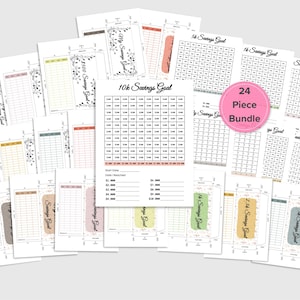 Puede incluir: Un conjunto de plantillas imprimibles para el seguimiento de objetivos de ahorro. El paquete incluye varios diseños con diferentes objetivos de ahorro, como metas de 5.000 € y 10.000 €. Cada hoja presenta una cuadrícula para el seguimiento del progreso y el texto "Savings Goal".