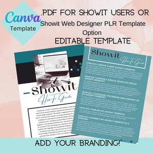 以下が含まれることがあります： 白地に「Showit How-To Guide」というテキストが書かれた、ターコイズブルーとブラックのガイド。このガイドは、Showit ウェブサイトの作成、カスタマイズ、公開方法について説明しています。また、Showit ウェブサイトをドメインに接続する方法についても説明しています。