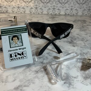 Ring Security ID, ear piece, and sunglasses, Ring Security Set. personalized Ring Bearer Kit