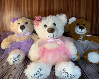 Niña de las flores con osito de peluche con tutú, regalo de propuesta, animal de peluche personalizado para boda, ¿Quieres ser mi niña de las flores?