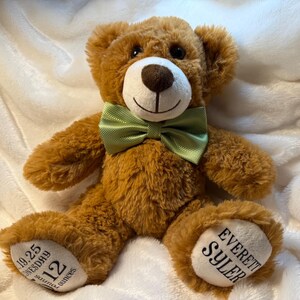 Puede incluir: Un oso de peluche marrón con una pajarita verde. El oso tiene un parche blanco en el pecho y las palabras "EVERETT SYLER" están bordadas en una pata. La otra pata tiene el texto "10.19.25 MIÉRCOLES 12 onzas".