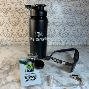 Ring Security ID Badge, sunglasses, Earpiece, and water bottle, Ring Bearer proposal, Personalized Ring Security ID and sunglasses