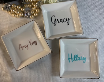 Gold-rimmed 4 inch Personalized Ring dish, Engagement gift, Wedding gift, Initial Ring Dish, Bridesmaid gift