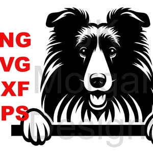 May include: Black and white silhouette of a dog peeking over a surface. The dog has a long, fluffy coat and a friendly expression.