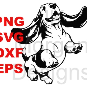 May include: Black and white illustration of a basset hound dog with its ears up and its mouth open. The dog is standing on its hind legs with its front paws in the air.