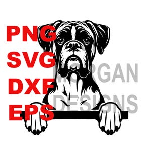 Puede incluir: Gráfico en blanco y negro de un perro Boxer con las palabras PNG, SVG, DXF y EPS en rojo. El perro mira hacia adelante, con las patas apoyadas en una barra negra. La palabra "MORGAN DESIGNS" está en gris.