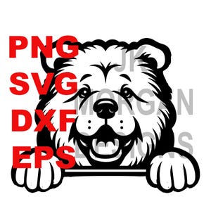 May include: Black and white illustration of a Chow Chow dog peeking over a surface with a happy expression. The dog has a fluffy coat and a short snout.