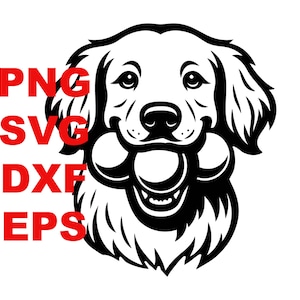 May include: Black and white illustration of a Golden Retriever dog holding three tennis balls in its mouth. The image includes the text "PNG SVG DXF EPS" in red, indicating file formats.