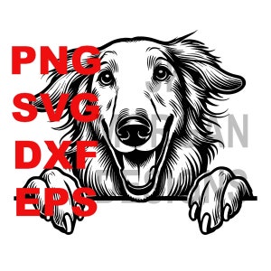 Könnte beinhalten: Schwarz-weiß-Linienkunst-Illustration eines Hundes, der mit seinen Pfoten auf der Oberfläche über eine Oberfläche schaut. Der Hund hat eine lange Schnauze und lächelt.