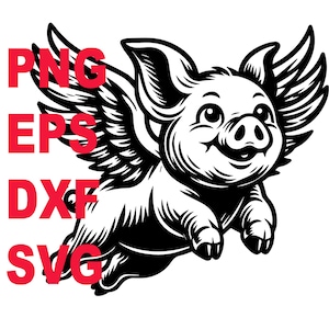 May include: A black and white illustration of a pig with wings. The pig is flying and has a happy expression on its face.
