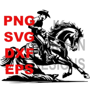 May include: Black and white silhouette of a cowboy riding a horse. The cowboy is wearing a hat and boots. The horse is rearing up on its hind legs.