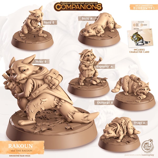 Rakoun - Racoon Animal Companion Miniature | Cast n Play - 3D Printed Miniatures - DnD Mini - Dungeons and Dragons - Pathfinder Spelljammer