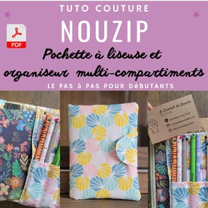 Könnte beinhalten: Ein Mehrfach-Organizer und E-Reader-Hülle mit einem geometrischen Muster in Gelb, Rosa und Blau. Das Bild enthält ein PDF-Symbol und den französischen Text: "TUTO COUTURE NOUZIP Pochette à liseuse et organiseur multi-compartiments".