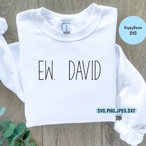 May include: White sweatshirt with the text "EW. DAVID" printed in black.