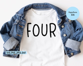 May include: White t-shirt with the word "FOUR" in black, displayed on a white surface with a denim jacket folded on top.