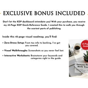 Puede incluir: Imagen con texto: "BONO EXCLUSIVO INCLUIDO". Promociona una gu&iacute;a de 45 p&aacute;ginas para Amazon KDP, que incluye una configuraci&oacute;n sin estr&eacute;s, recorridos visuales y hojas de trabajo interactivas. La imagen tambi&eacute;n muestra un libro titulado "Amazon KDP Made Easy".