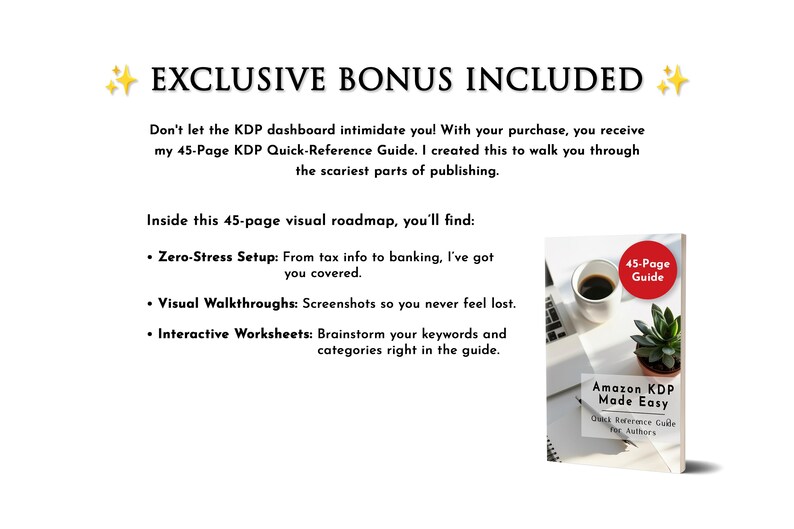 Puede incluir: Imagen con texto: "BONO EXCLUSIVO INCLUIDO". Promociona una gu&iacute;a de 45 p&aacute;ginas para Amazon KDP, que incluye una configuraci&oacute;n sin estr&eacute;s, recorridos visuales y hojas de trabajo interactivas. La imagen tambi&eacute;n muestra un libro titulado "Amazon KDP Made Easy".