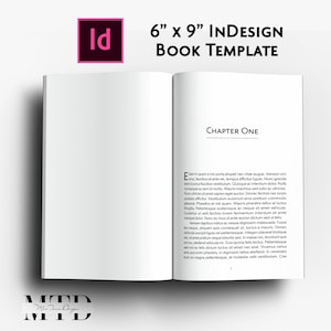 Op de afbeelding: Open boek sjabloon met de tekst "6" x 9" InDesign Book Template" en "Hoofdstuk Een". Het boek is opengeslagen op een spread met tekst op de rechterpagina. Het Adobe InDesign-logo staat in de linkerbovenhoek.