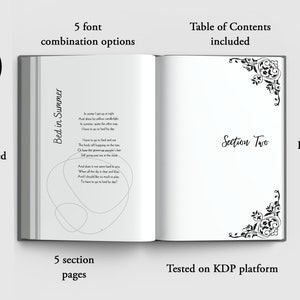 Puede incluir: Libro abierto con el t&iacute;tulo "Bed in Summer" y el texto "Section Two". Incluye 5 opciones de fuente, una p&aacute;gina de biograf&iacute;a del autor, una tabla de contenido, 5 p&aacute;ginas de secci&oacute;n y una p&aacute;gina de revisi&oacute;n. Probado en la plataforma KDP.