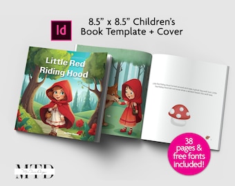 May include: A children's book template and cover featuring a red hooded girl in a forest setting. The cover reads "Little Red Riding Hood". The book is 8.5 inches by 8.5 inches and includes 38 pages and free fonts.