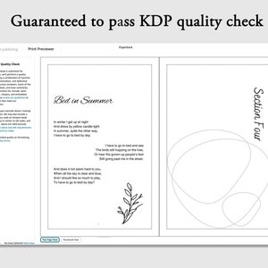Puede incluir: Una vista previa de un libro de bolsillo con el t&iacute;tulo "Bed in Summer" y el texto "Guaranteed to pass KDP quality check." Las p&aacute;ginas muestran un poema y un t&iacute;tulo de secci&oacute;n. El dise&ntilde;o es sencillo, con texto negro sobre fondo blanco.