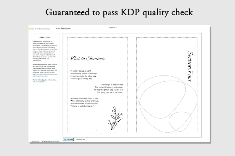 Puede incluir: Una vista previa de un libro de bolsillo con el t&iacute;tulo "Bed in Summer" y el texto "Guaranteed to pass KDP quality check." Las p&aacute;ginas muestran un poema y un t&iacute;tulo de secci&oacute;n. El dise&ntilde;o es sencillo, con texto negro sobre fondo blanco.