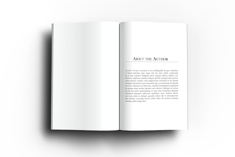 May include: Open book with blank pages and the text "ABOUT THE AUTHOR" on the right page. The text is in a serif font. The book is open on a white surface, with a shadow.
