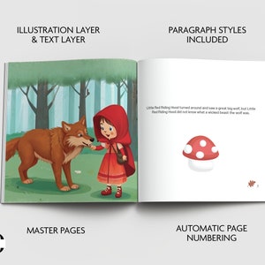 Puede incluir: Ilustraci&oacute;n de Caperucita Roja con un vestido rojo con capucha y una cesta, encontr&aacute;ndose con un lobo en un entorno de bosque. El texto dice "Little Red Riding Hood se dio la vuelta y vio un gran lobo, pero Little Red Riding Hood no sab&iacute;a qu&eacute; bestia malvada era el lobo."