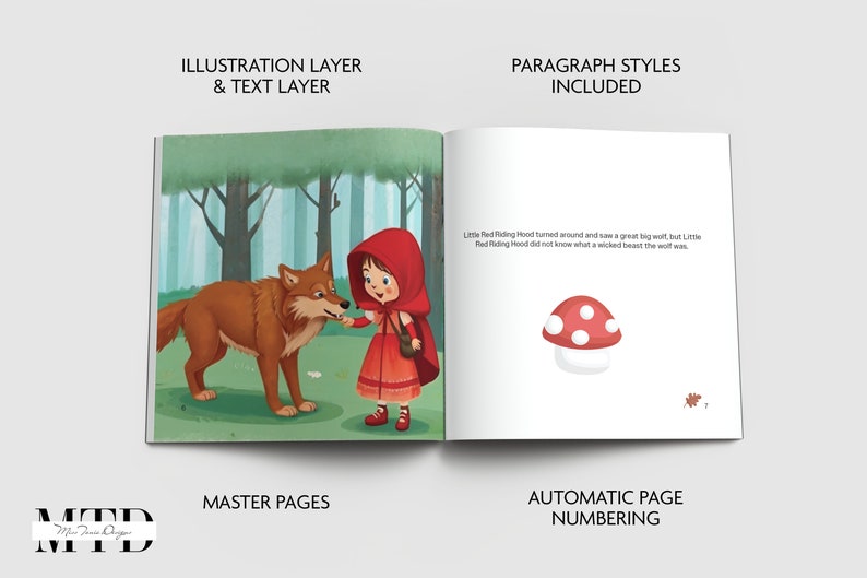 Puede incluir: Ilustraci&oacute;n de Caperucita Roja con un vestido rojo con capucha y una cesta, encontr&aacute;ndose con un lobo en un entorno de bosque. El texto dice "Little Red Riding Hood se dio la vuelta y vio un gran lobo, pero Little Red Riding Hood no sab&iacute;a qu&eacute; bestia malvada era el lobo."