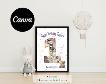 Poster con collage di foto per il primo compleanno: modello Canva personalizzabile (download digitale)