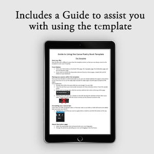 Puede incluir: Una tableta negra muestra una gu&iacute;a titulada "Guide to Using the Canva Poetry Book Template". La pantalla muestra instrucciones sobre el uso de la plantilla, con texto y un icono rojo "X". La tableta est&aacute; sobre un fondo gris claro, con el texto "Includes a Guide to assist you with using the template" encima.