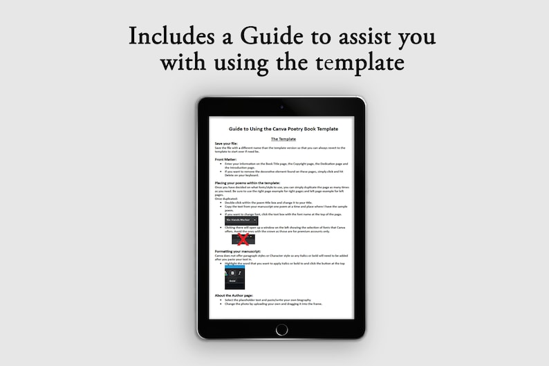 Puede incluir: Una tableta negra muestra una gu&iacute;a titulada "Guide to Using the Canva Poetry Book Template". La pantalla muestra instrucciones sobre el uso de la plantilla, con texto y un icono rojo "X". La tableta est&aacute; sobre un fondo gris claro, con el texto "Includes a Guide to assist you with using the template" encima.