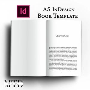 May include: An open A5 InDesign book template with the text "A5 InDesign Book Template" and "Chapter One". The InDesign logo is in the top left corner. The book is open to a spread with text on the right page.