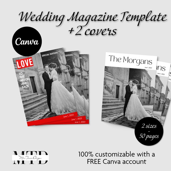 Wedding magazine template, Canva magazine template, custom wedding album, Magazine template canva, customizable magazine template