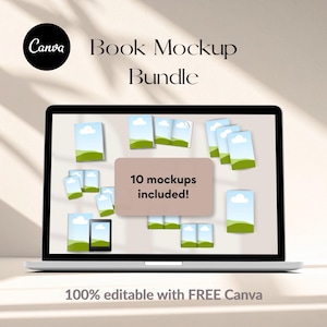 Op de afbeelding: Een laptopscherm met een Canva Book Mockup Bundle met diverse boekomslaglay-outs en een centraal tekstvak met de tekst 10 mockups included. Onderaan het scherm staat de tekst 100% editable with FREE Canva weergegeven.