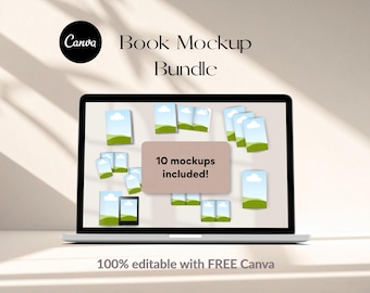 May include: A laptop screen displaying a Canva Book Mockup Bundle with various book cover layouts and a central text box stating 10 mockups included. The screen also features the text 100% editable with FREE Canva at the bottom of the display.