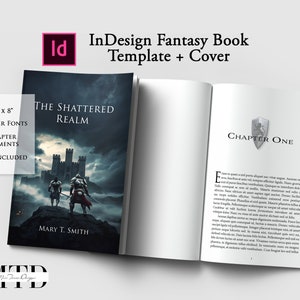 May include: A fantasy book cover template with a dark background featuring two knights standing on a hill overlooking a castle. The title of the book is "The Shattered Realm" and the author is Mary T. Smith. The book is 13.3 cm by 20.3 cm and includes two chapter fonts, three chapter ornaments, and a cover.