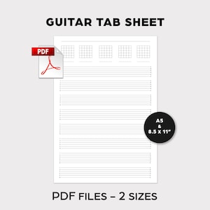Puede incluir: Una hoja de tablatura de guitarra blanca con líneas horizontales y diagramas de mástil de guitarra en la parte superior. El texto "GUITAR TAB SHEET" está en la parte superior. Disponible en tamaños A5 y 8,5 x 11 pulgadas como archivos PDF.