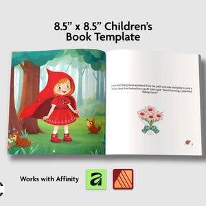 May include: An 8.5" x 8.5" children's book template featuring an open book with a colorful illustration of a character in a red hooded cape in a forest on the left page and text with a flower bouquet graphic on the right page.