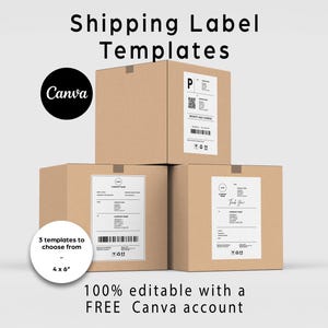 May include: Three stacked cardboard boxes with shipping labels. The image includes the text "Shipping Label Templates" and "100% editable with a FREE Canva account." A white circle states "3 templates to choose from" and "4 x 6".
