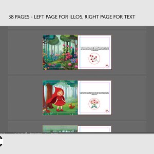 Puede incluir: Dos p&aacute;ginas de un libro para ni&ntilde;os. La p&aacute;gina izquierda muestra a una ni&ntilde;a con capucha roja caminando por un bosque. La p&aacute;gina derecha tiene texto y una peque&ntilde;a ilustraci&oacute;n de flores rojas.