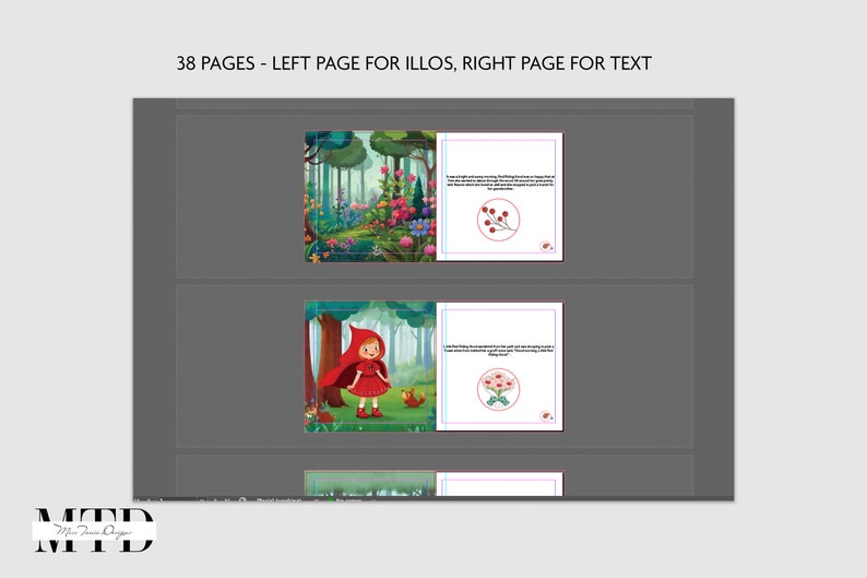 Puede incluir: Dos p&aacute;ginas de un libro para ni&ntilde;os. La p&aacute;gina izquierda muestra a una ni&ntilde;a con capucha roja caminando por un bosque. La p&aacute;gina derecha tiene texto y una peque&ntilde;a ilustraci&oacute;n de flores rojas.