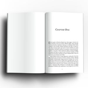 May include: An open book with white pages, displaying the title "Chapter One" in a serif font. The right page contains body text, while the left page is blank. The book is set against a white background.