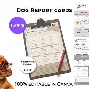 May include: A clipboard with a dog-themed report card design, a red pen, and a stack of report cards. The text reads "DOG REPORT CARDS" and "100% EDITABLE IN CANVA". The report cards are 8.5 x 11 inches.