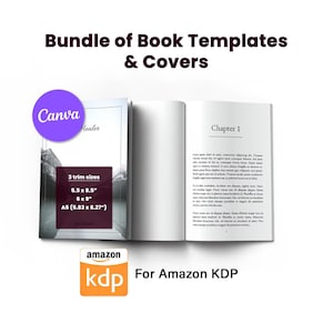 以下が含まれることがあります： 「Bundle of Book Templates & Covers」のテキストが入った、本のテンプレートと表紙のバンドル。画像には「Chapter 1」のテキストが入った本と、3つのトリムサイズ（5.5 x 8.5インチ、6 x 9インチ、A5（14.8 x 21 cm））が表示されています。CanvaとAmazon KDPのロゴも表示されています。